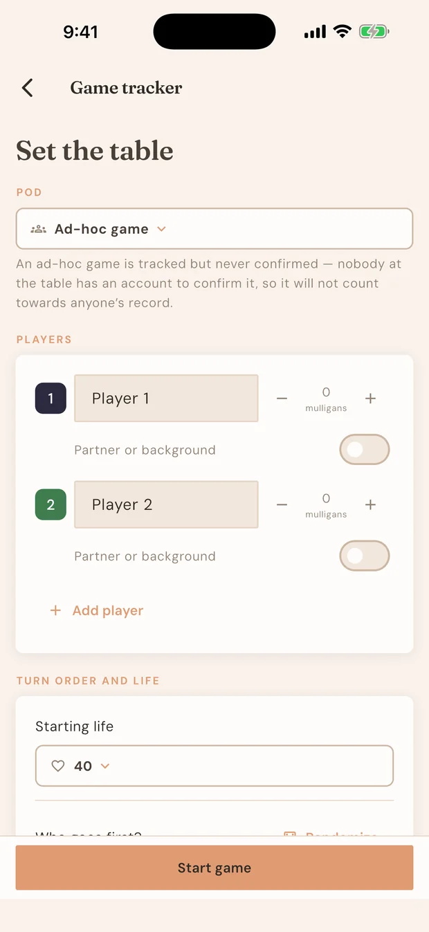 Game setup: a pod chosen, the players filled in from its roster, and a deck picked for the first seat.