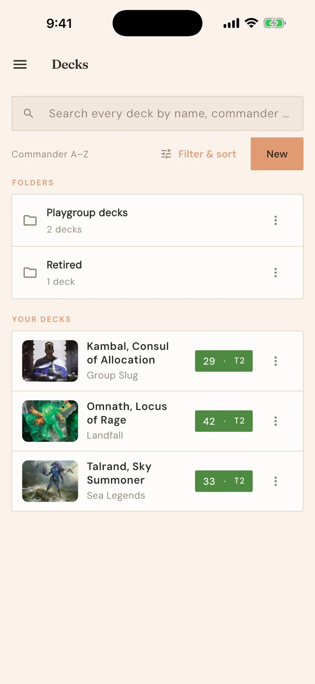 The deck list: two folders above three decks, each with its commander art, power score and tier.